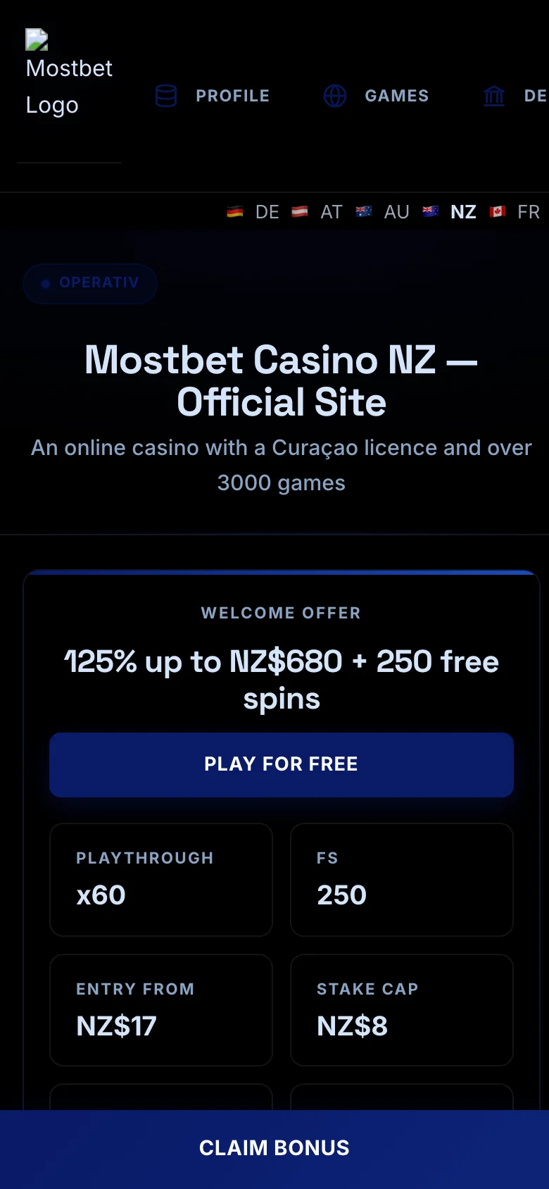 Mostbet mobile lobby screenshot